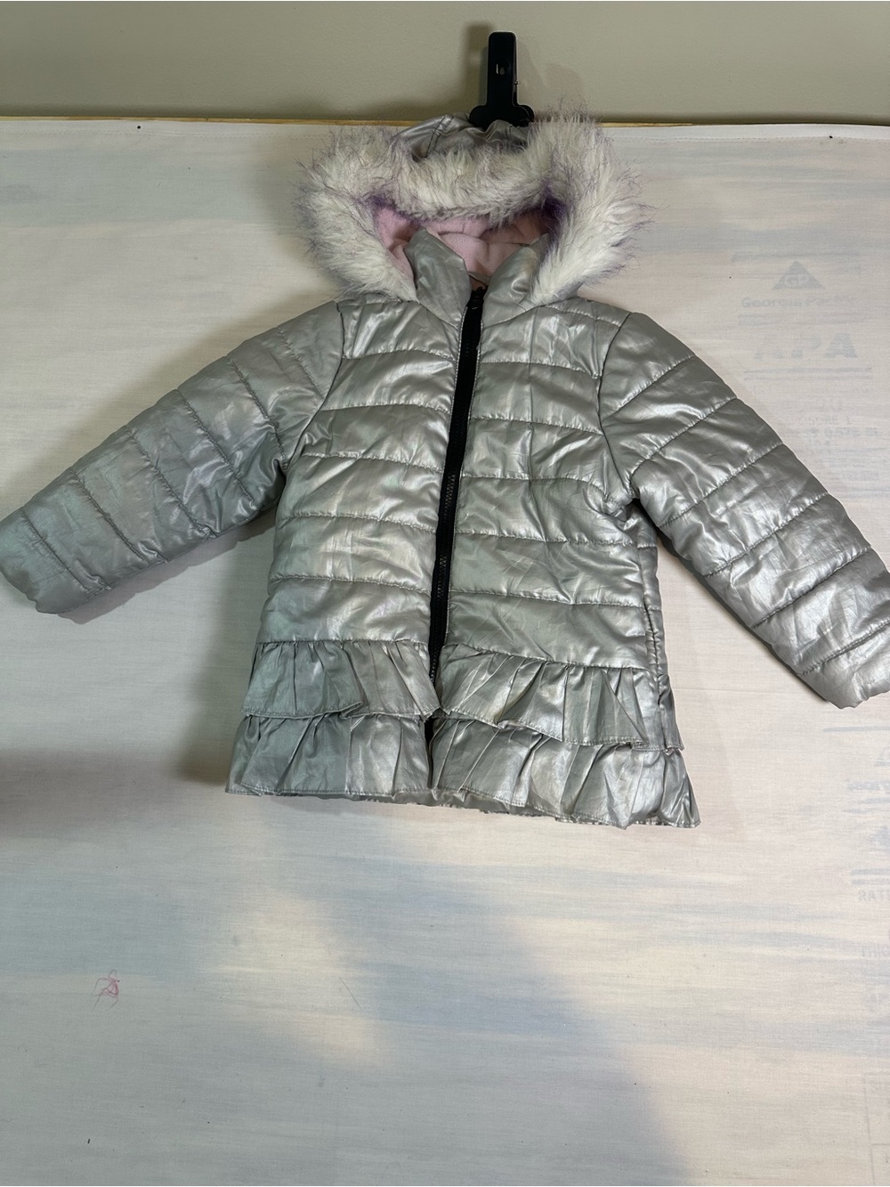 Mint Silver Metallic Puffer Coat with Faux-Fur Trim